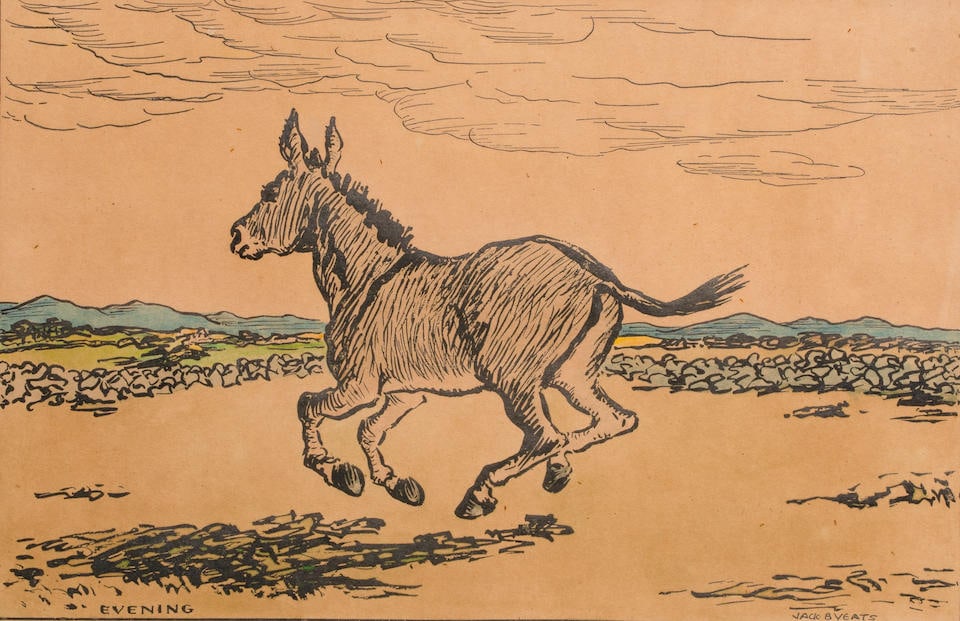 Jack B. Yeats R.H.A. (Irish, 1871-1957) Evening 20 x 30 cm. (7 7/8 x 11 5/8in.): Jack B. Yeats R.H.A. (Irish, 1871-1957) Evening with printed signature and title Woodcut with hand-colouring 20 x 30 cm. (7 7/8 x 11 5/8in.) Footnotes: Provenance Norah McGuinness, thence by family de