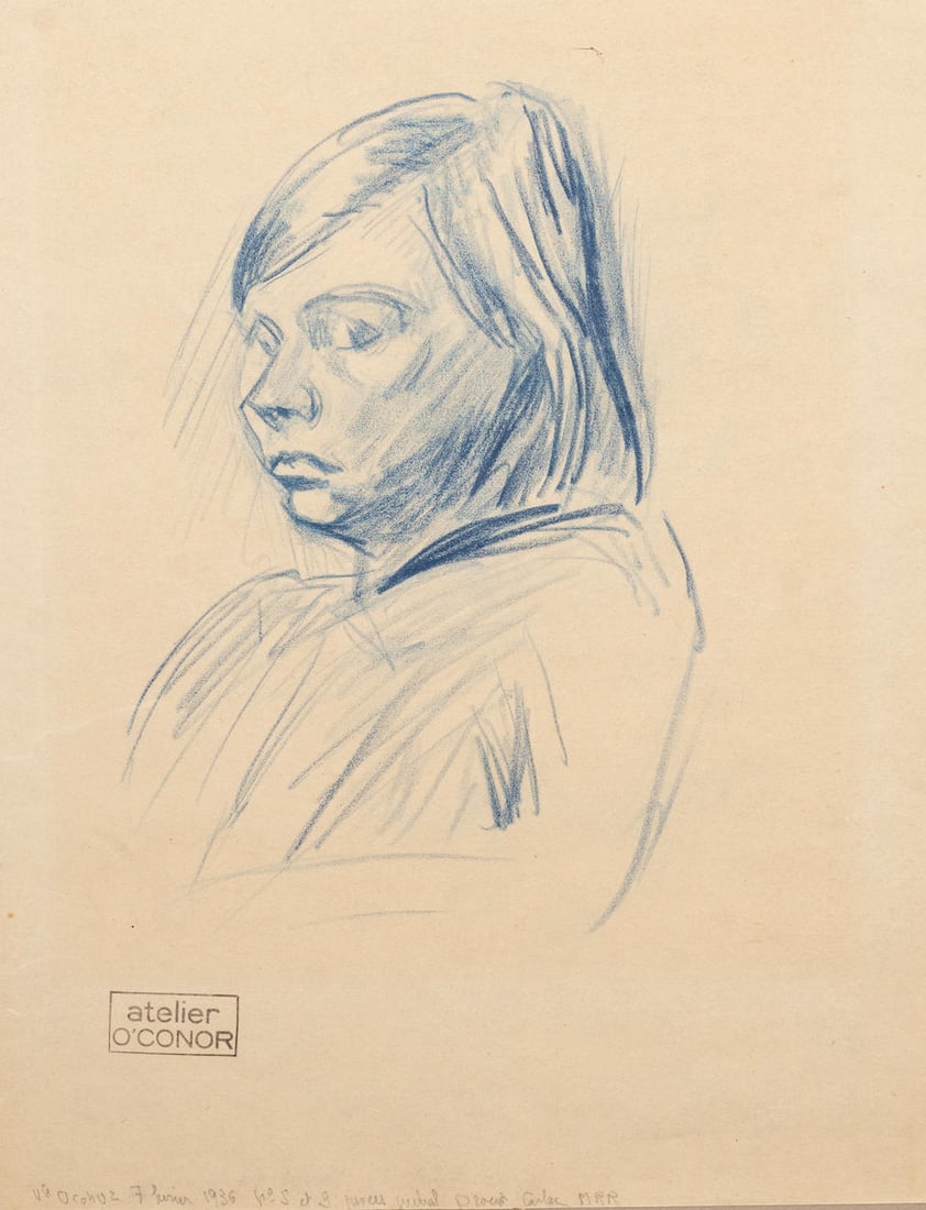Roderic O'Conor (Irish, 1860-1940) Portrait in blue 34 x 27 cm. (13 3/8 x 10 5/8 in.): Roderic O'Conor (Irish, 1860-1940) Portrait in blue stamped with studio stamp (lower left) and indistinctly signed, inscribed and dated 'O Conor 7 fevrier 1936 no.5 et ....' (lower centre) pastel 34 x