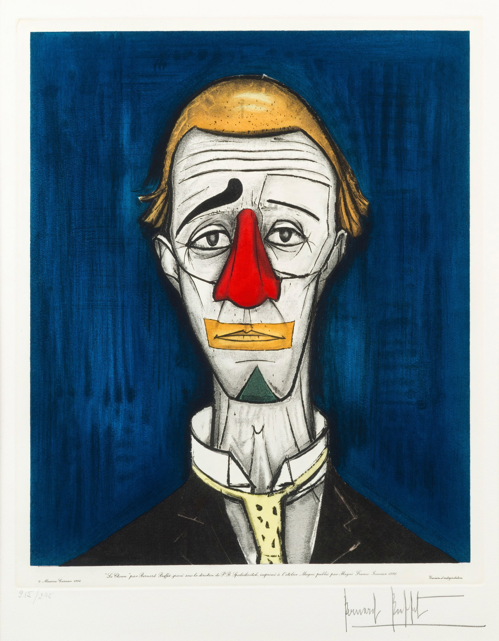 BERNARD BUFFET (1928-1999) Le Clown, 1986 (after) Eau-forte en couleur. Signée et num&...: BERNARD BUFFET (1928-1999) Le Clown, 1986 (after) Eau-forte en couleur. Signée et numérotée 215/275. Ed. Magui, France. Gravée sous la direction de P.B Spalaïkovitch, imprim