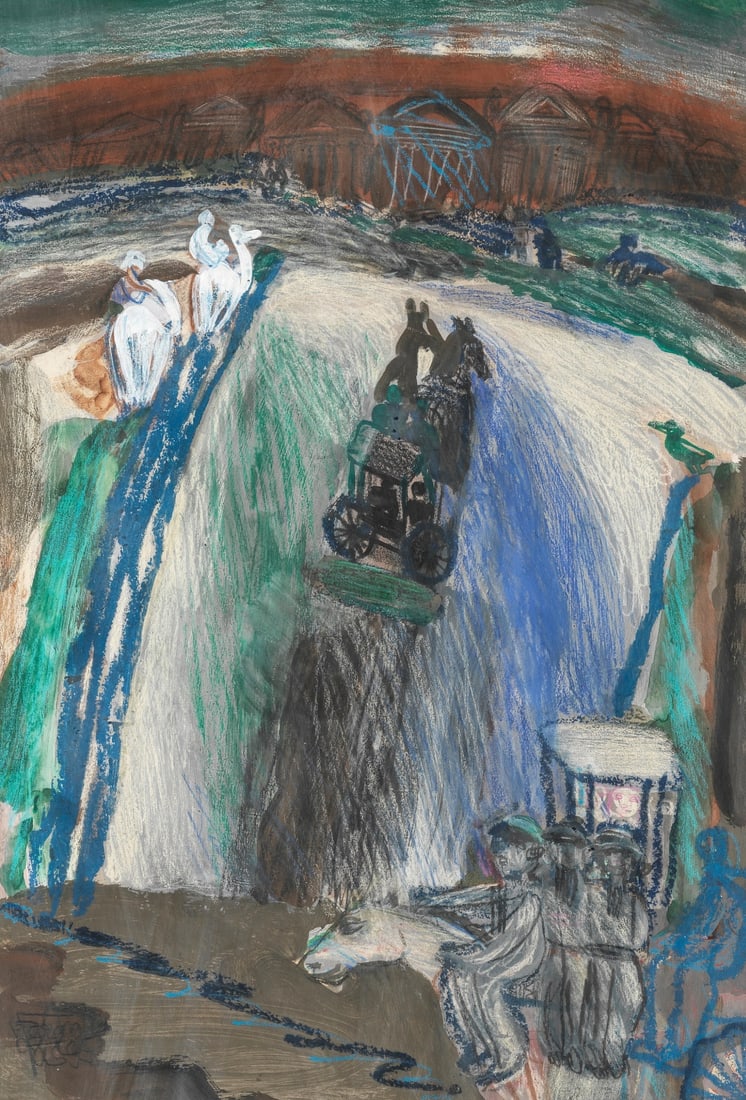 Farghali Abdel Hafiz (Égypte, né en 1941) Les calèches: Farghali Abdel Hafiz (Égypte, né en 1941) Les calèches signé 'Farghali', signé en en arabe et daté '98' en bas à gauche technique mixte sur papier 54 x 36.5cm (21 1/