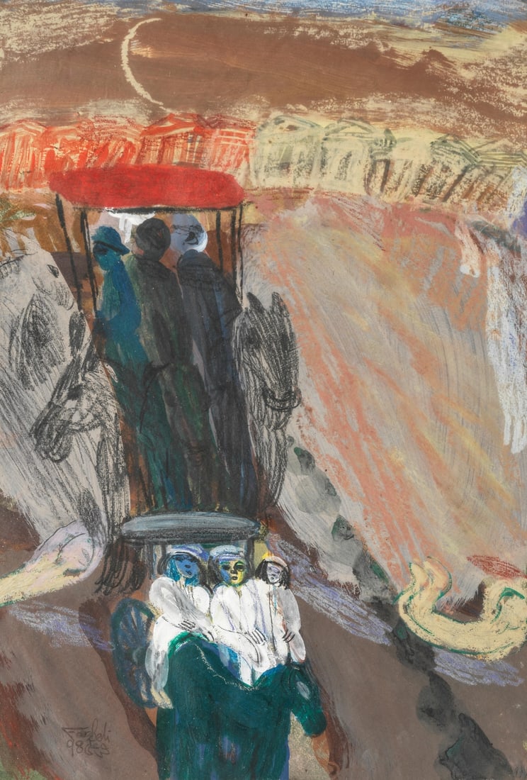 Farghali Abdel Hafiz (Égypte, né en 1941) The Journey: Farghali Abdel Hafiz (Égypte, né en 1941) The Journey signé 'Farghali' en arabe et en anglais et daté '98' en bas à gauche technique mixte sur papier 54 x 37cm (21 1/4 x 14 9/