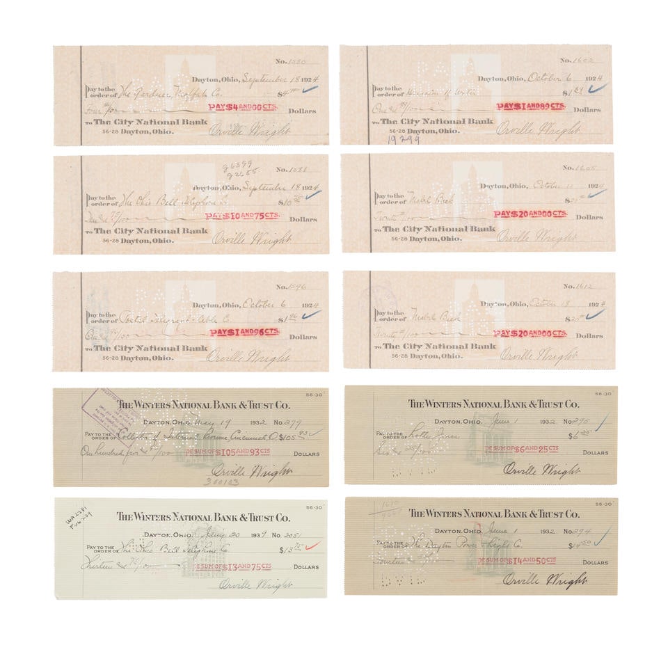 AN ORVILLE WRIGHT GROUP OF 10 SIGNED CHECKS (1 of 1)