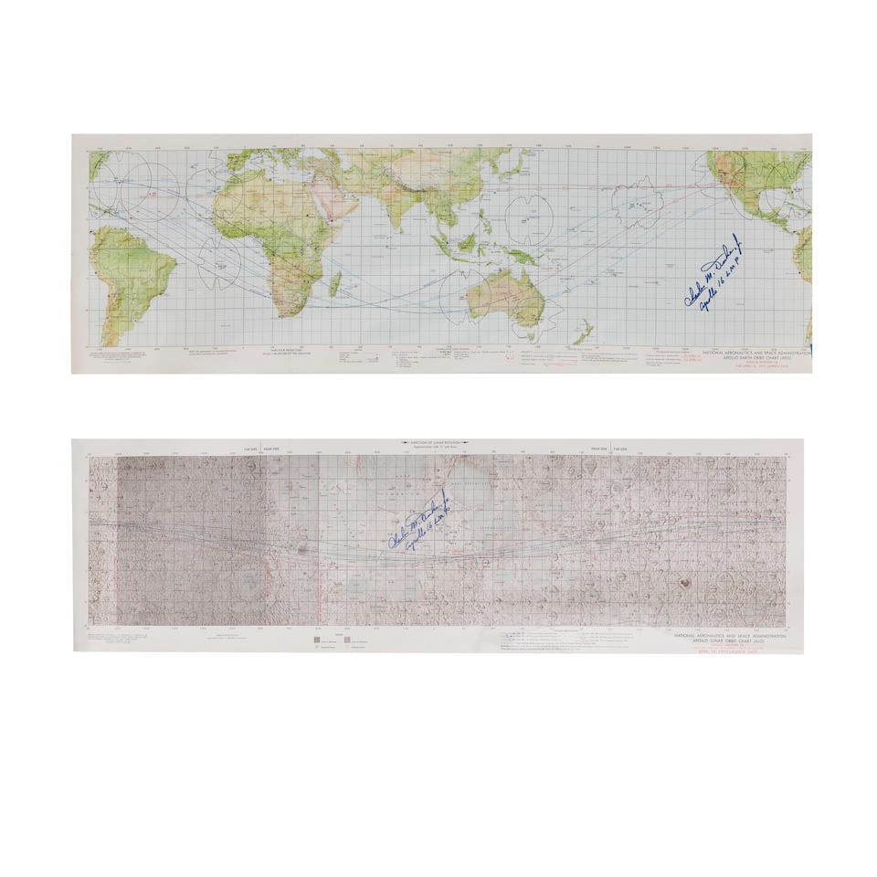APOLLO 16: CHARLIE DUKE-SIGNED CHARTS OF THE LUNAR AND EARTH ORBITS 2 Signed charts: (1 of 1)