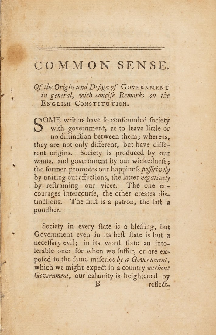 RARE FIRST PRINTING OF PAINE'S COMMON SENSE. PAINE, THOMAS. 1737-1809. Common Sense; Addressed t...: RARE FIRST PRINTING OF PAINE'S COMMON SENSE. PAINE, THOMAS. 1737-1809. Common Sense; Addressed to the Inhabitants of America... Philadelphia: R. Bell, 1776. 2 volumes in 1. 8vo (200 x 127 mm). Leaves
