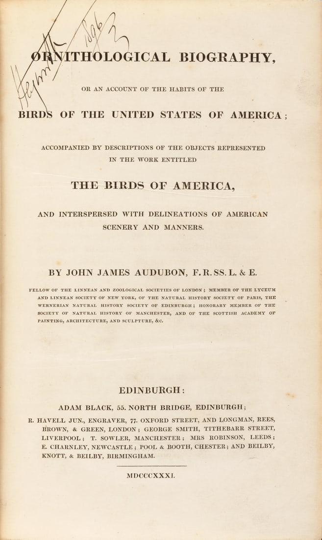 AUDUBON, JOHN JAMES 1785-1851. Ornithological Biography, or an Account of the Habits of the Bird... (1 of 4)