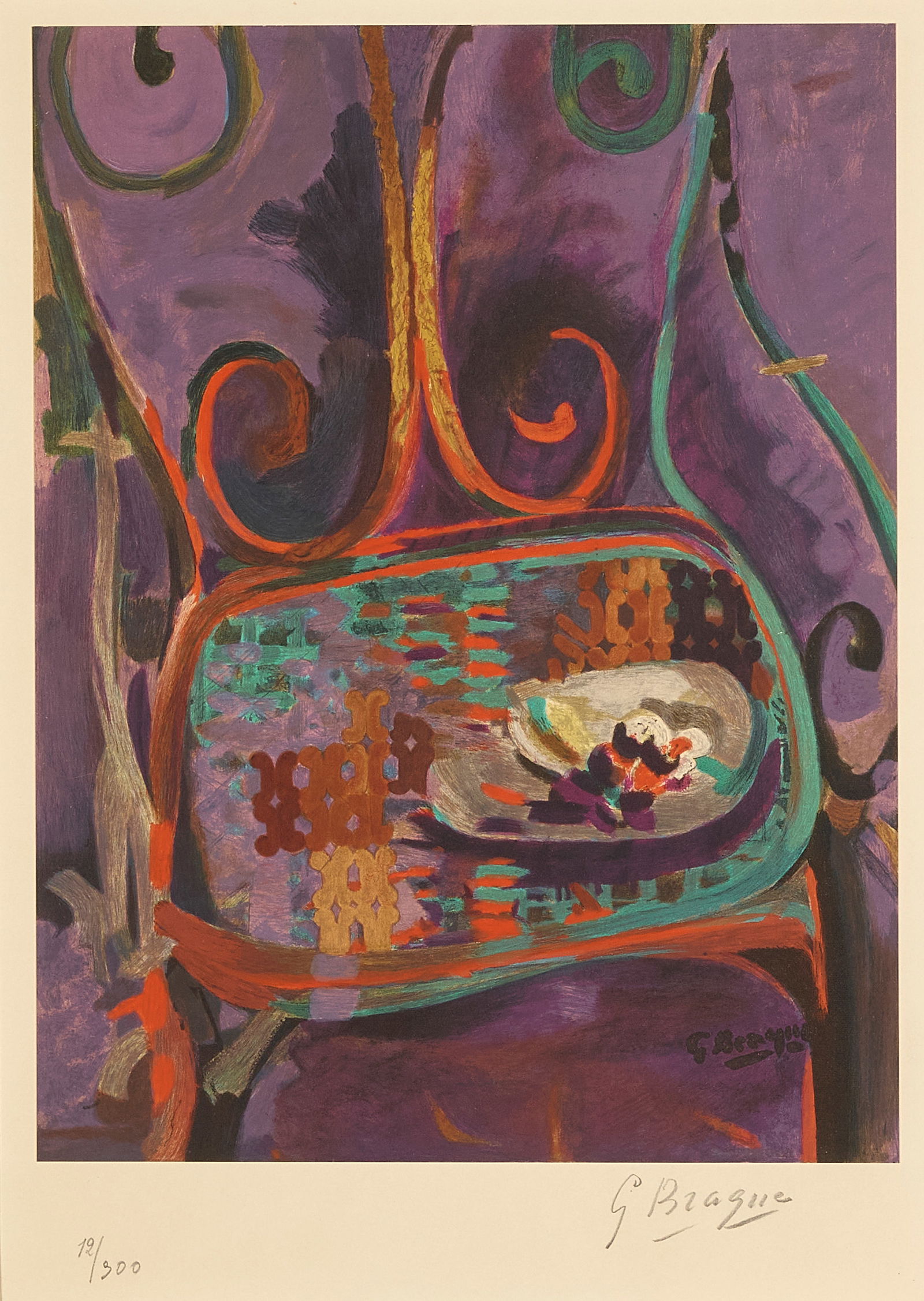 After Georges Braque (French, 1882-1963); La Chaise;: After Georges Braque (French, 1882-1963) La Chaise (Maeght 1046), c. 1960 Lithograph in colors on wove paper mounted to Rives BFK paper, signed in pencil and numbered 12/300, with the publisher/printe