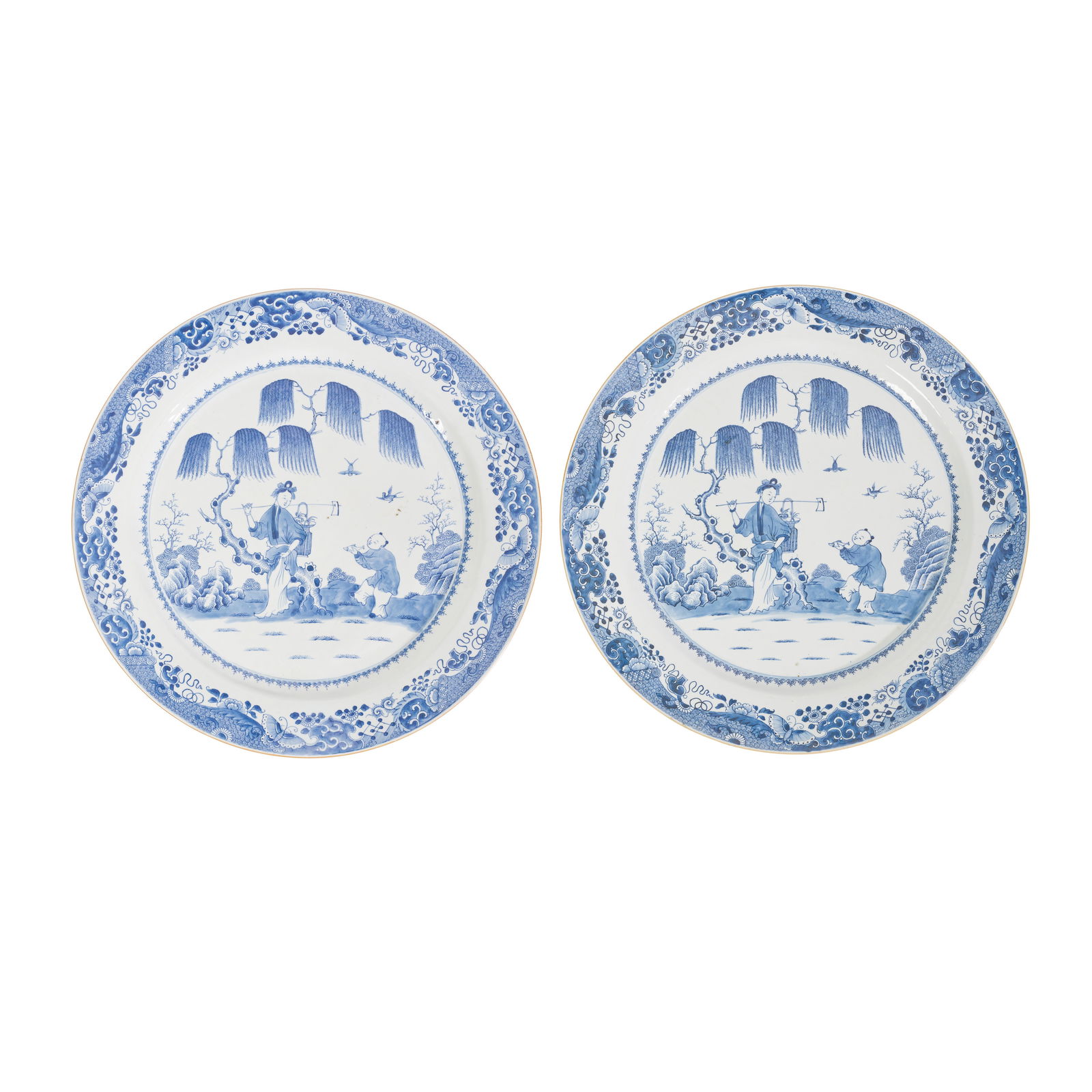 A PAIR OF MASSIVE CHINESE BLUE AND WHITE 'LADY AND BOY' CHARGERS 18th/19th Century (1 of 1)