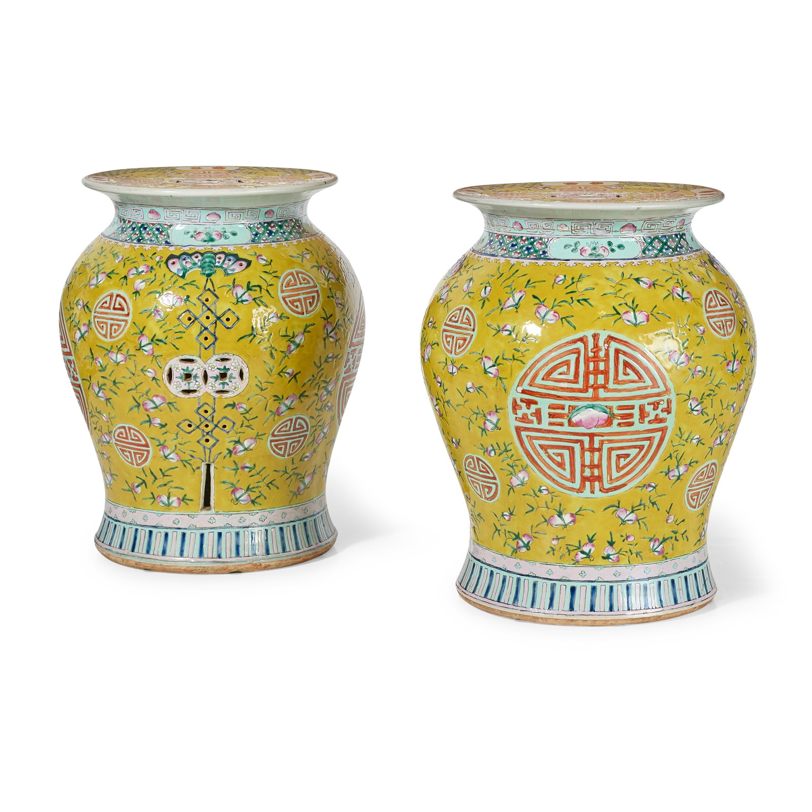 A PAIR OF CHINESE YELLOW-GROUND FAMILLE-ROSE GARDEN SEATS Late Qing Dynasty/Republic Period: A PAIR OF CHINESE YELLOW-GROUND FAMILLE-ROSE GARDEN SEATS Late Qing Dynasty/Republic Period (2) 18 3/4in (47.6cm) height