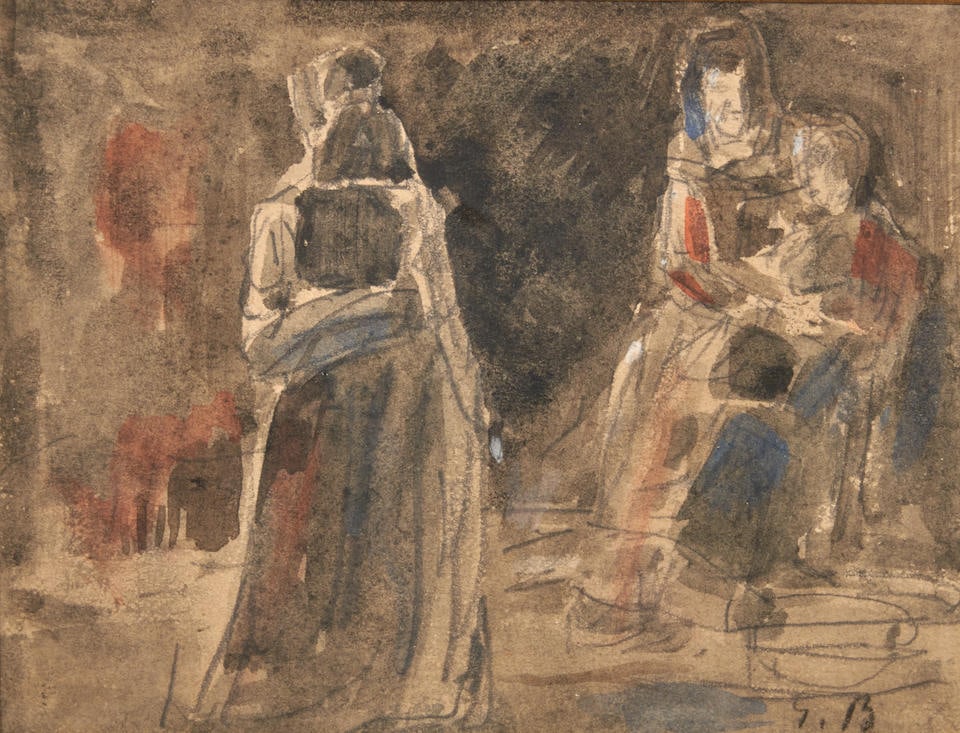 Attributed to Eugène Boudin (French, 1824-1898) Genre Scene (3 1/8 x 4 1/8 in (8.0 x 10.5 c...: Attributed to Eugène Boudin (French, 1824-1898) Genre Scene initialed 'EB' (lower right); indistinctly inscribed (on the reverse) watercolor, gouache, and pencil on paper 3 1/8 x 4 1/8 in (8.0 x