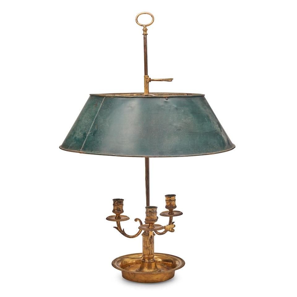 LOUIS XVI-STYLE GILT BRONZE AND TOLE THREE-LIGHT BOUILLOTTE LAMP, France, early 20th century, (1 of 1)