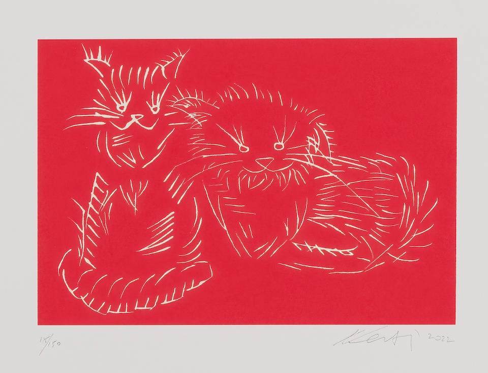 AI WEIWEI (born 1957) Cats Red, 2022 Sérigraphie en couleurSignée, datée et ...: AI WEIWEI (born 1957) Cats Red, 2022 Sérigraphie en couleur Signée, datée et numérotée 115/150 Zeefdruk in kleur Getekend, gedateerd en genummerd 115/150 Silkscreen print in