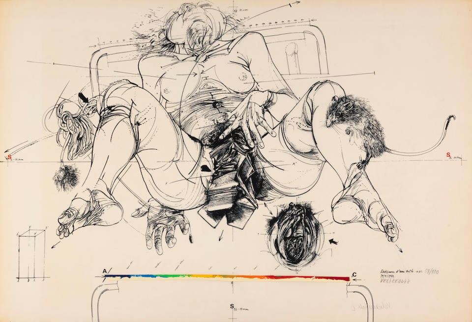 VLADIMIR VELICKOVIC (1935-2019) Naissance d'une boite, 1972 Lithographie sur calqueTitrée ...: VLADIMIR VELICKOVIC (1935-2019) Naissance d'une boite, 1972 Lithographie sur calque Titrée dans la planche, signée et numérotée 58/100 Lithografie op calqueerpapier Getiteld in de