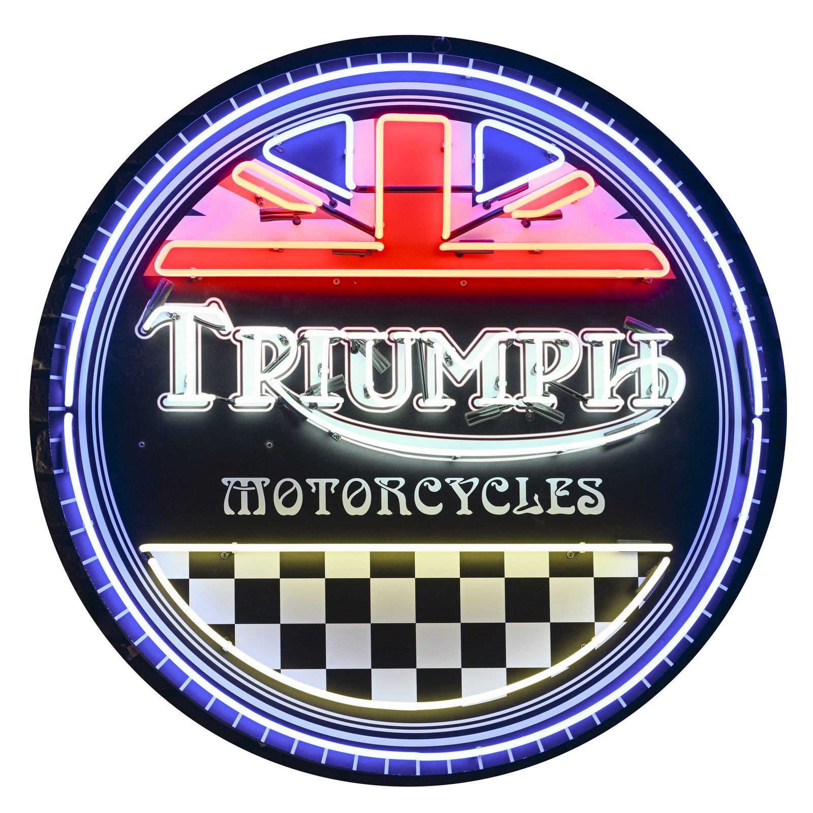 Light-Up Logo - Triumph Motorcycles: Light-Up Logo - Triumph Motorcycles Promotional light-up sign for the British motorcycle maker Triumph Metal background and shaped neon lighting tubes 220-volt electrical system Diam. 90cm Lot to be s