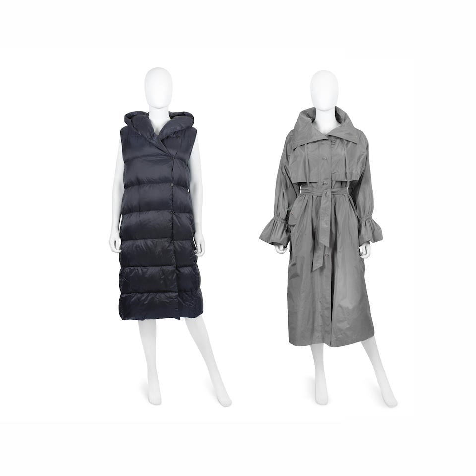 Max Mara: Two Jackets: Max Mara: Two Jackets To include a dark blue 'The Cube' padded sleeveless down vest with hood, adjustable belt to reverse, labelled UK size 4, and a light grey water repellent belted trench coat with