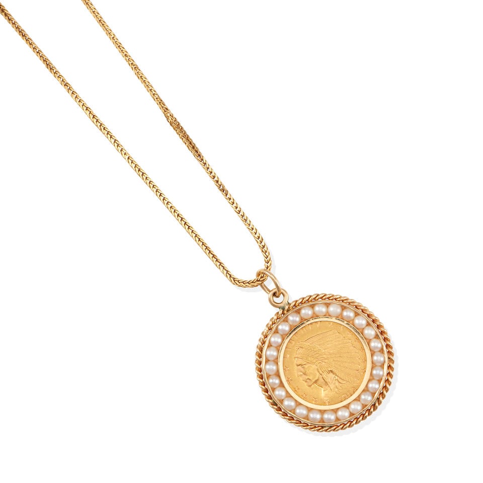 GOLD, 1912 INDIAN HEAD 2 ½ DOLLAR GOLD COIN AND PEARL PENDANT NECKLACE (1 of 2)