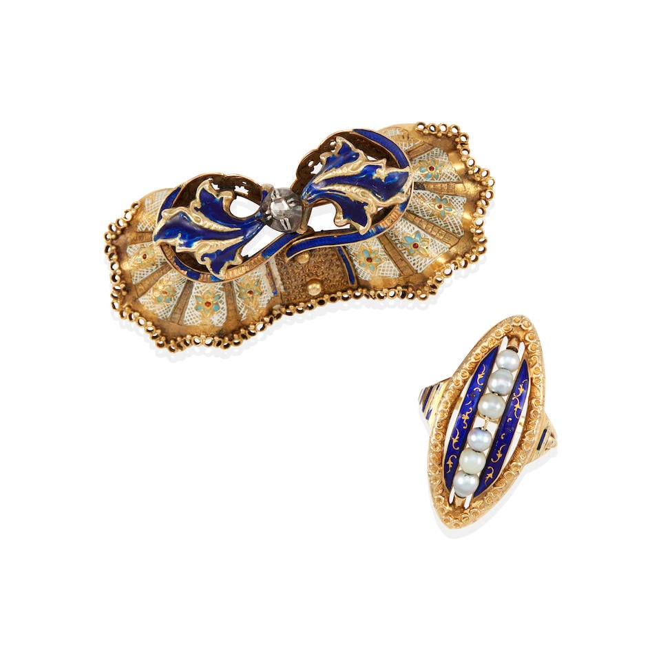 ONE ANTIQUE 18K GOLD, DIAMOND AND ENAMEL BROOCH AND ONE ANTIQUE 14K GOLD, PEARL AND ENAMEL RING (1 of 2)