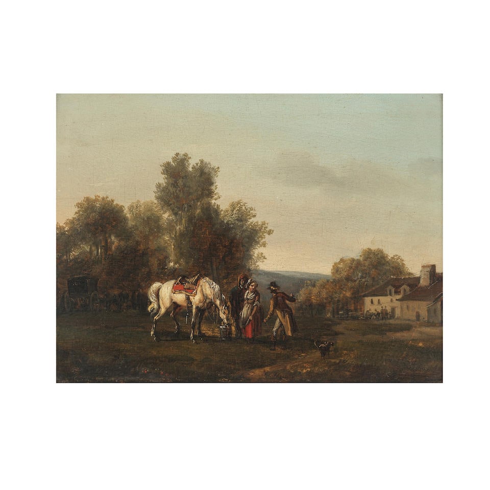 Entourage de Jean Duplessis-Bertaux (Paris 1747-1820) Le repos de la monture: Entourage de Jean Duplessis-Bertaux (Paris 1747-1820) Le repos de la monture huile sur panneau oil on panel 13.5 x 18.5cm (5 5/16 x 7 5/16in). For further information on this lot please visit Bonhams.