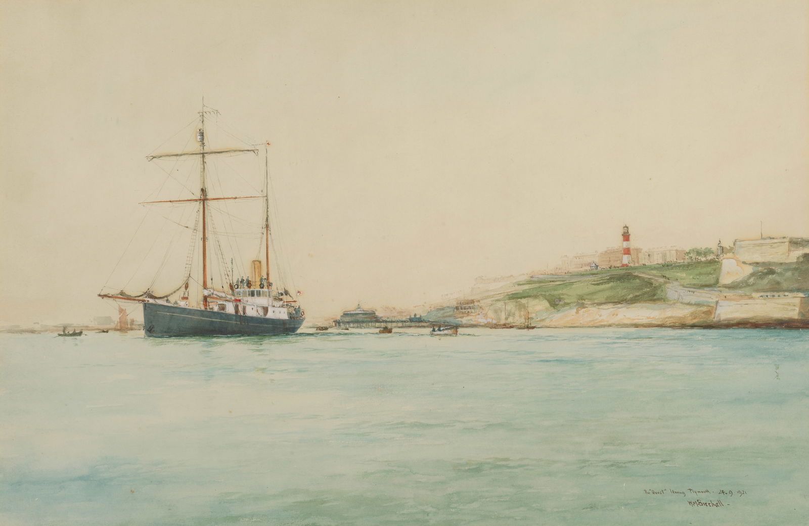 William Minshall Birchall (British, 1884-1941) Quest leaving Plymouth in 1921 for the Shackleton...: William Minshall Birchall (British, 1884-1941) Quest leaving Plymouth in 1921 for the Shackleton-Rowett Antarctic Expedition signed, dated and inscribed 'The 'Quest' leaving Plymouth. 24.9.1921/W.M.Bi