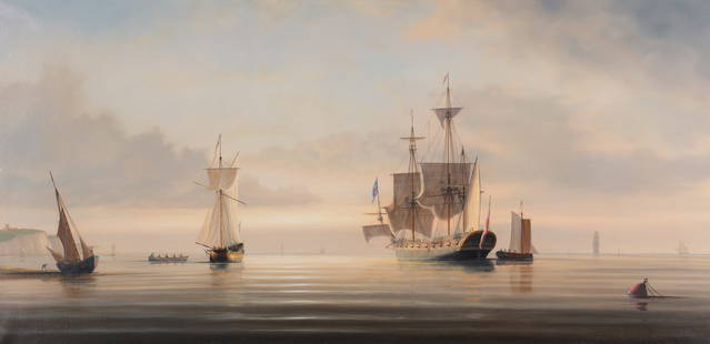 Timothy Franklin Ross Thompson (British, born 1951) Ships in a calm off Dover: Timothy Franklin Ross Thompson (British, born 1951) Ships in a calm off Dover signed 'Tim Thompson' (lower right) oil on canvas 50.8 x 101.6cm (20 x 40in). This lot is subject to the following lot sym