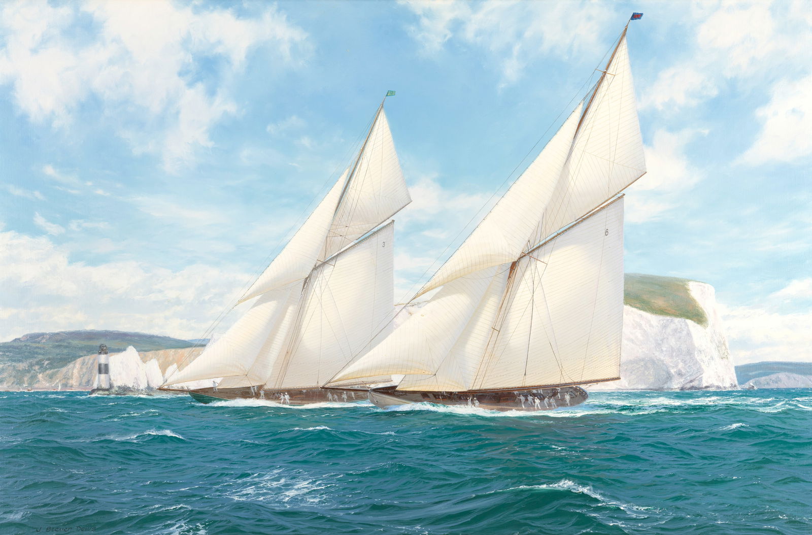 John Steven Dews (British, born 1949) Lulworth and Shamrock off the Needles, 1929: John Steven Dews (British, born 1949) Lulworth and Shamrock off the Needles, 1929 signed 'J. Steven Dews' (lower left) oil on canvas 61 x 91.5cm (24 x 36in). Footnotes: Lite