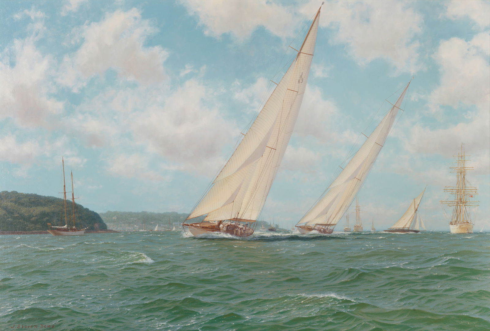 John Steven Dews (British, born 1949) Shamrock V well ahead of Candida off Cowes: John Steven Dews (British, born 1949) Shamrock V well ahead of Candida off Cowes signed 'J.Steven Dews' (lower left) oil on canvas 61 x 91.5cm (24 x 36in). Footnotes: Proven