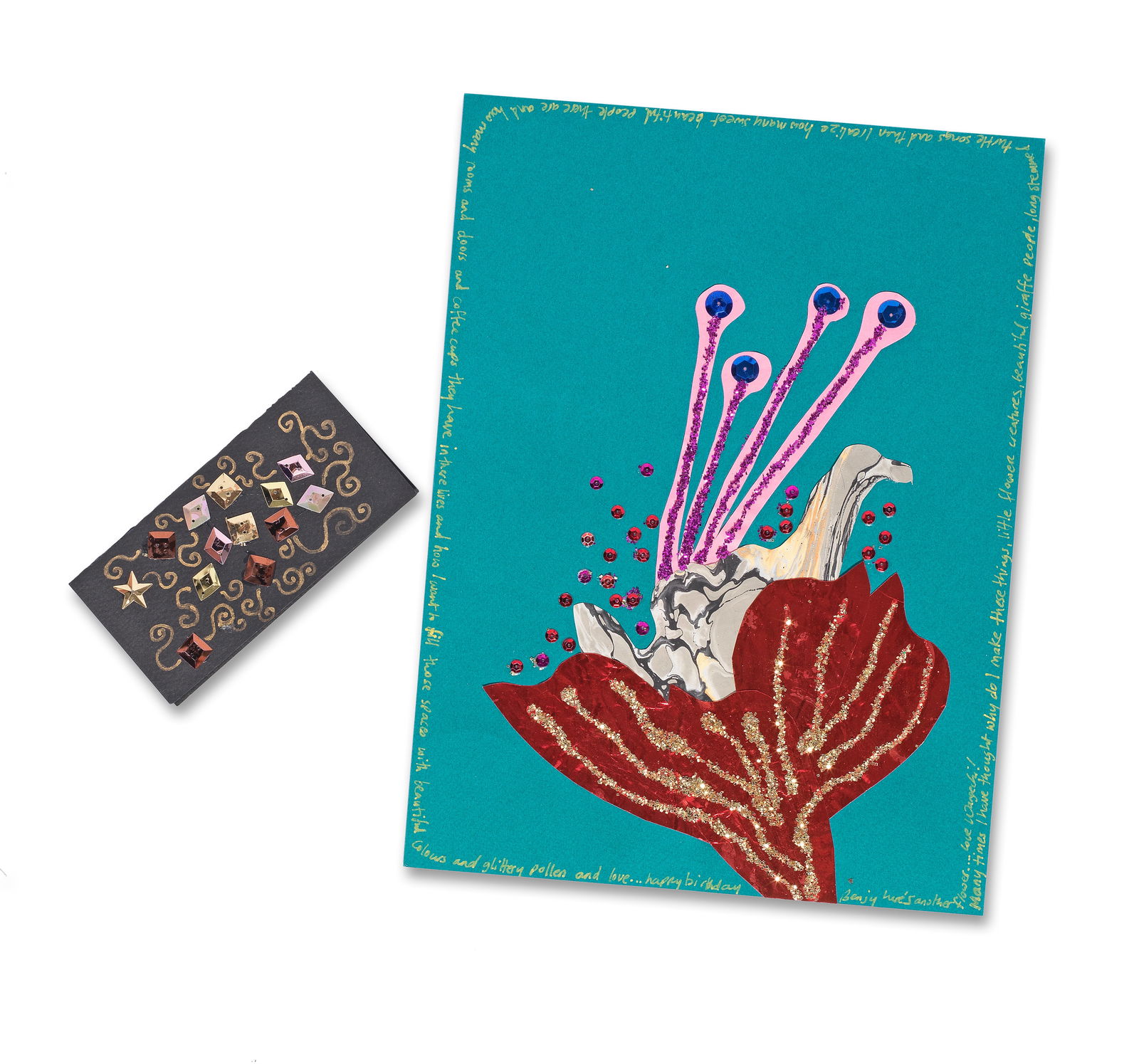 Wangechi Mutu (Kenyan, born 1972) Two handmade birthday cards from the artist to fashion designe...: Wangechi Mutu (Kenyan, born 1972) Two handmade birthday cards from the artist to fashion designer, Benjamin Liepelt, 2001 felt pen, collage and appliqué on blue watercolour paper 30.5 x 22.5cm (1