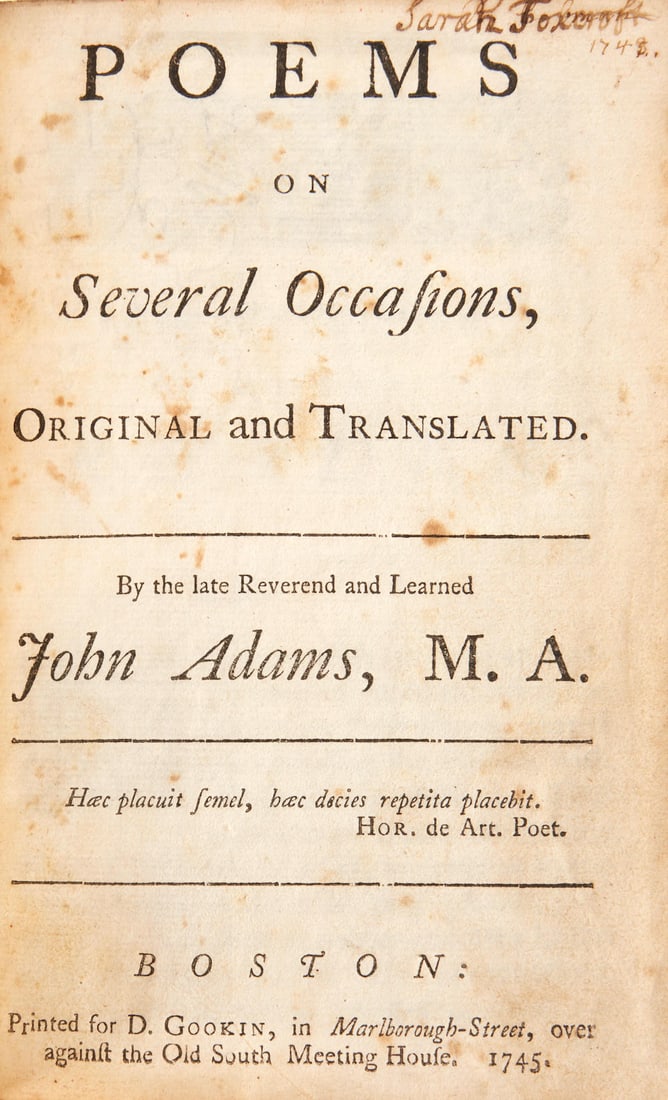 RARE EARLY NEW ENGLAND POETRY BOOK. ADAMS, JOHN. 1704-1740. Poems on Several Occasions, Original... (1 of 2)