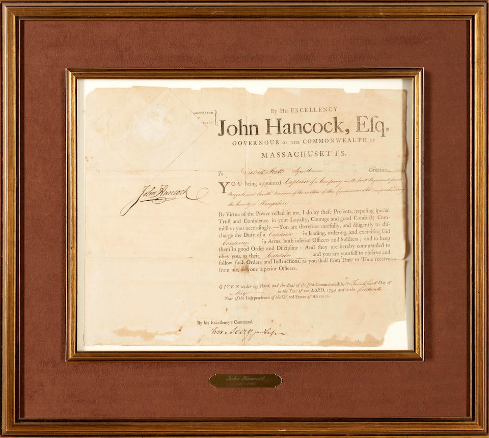 A JOHN HANCOCK CAPTAIN'S APPOINTMENT. HANCOCK, JOHN. 1737-1793. Document Signed ('John Hancock')...: A JOHN HANCOCK CAPTAIN'S APPOINTMENT. HANCOCK, JOHN. 1737-1793. Document Signed ('John Hancock'), as Governor of Massachusetts, appointing 'David Scott, Gentleman,' a Captain in the militia, 1 p, 315