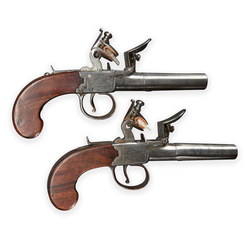 A PAIR OF ENGLISH SCREW BARREL FLINTLOCK POCKET PISTOLS, (1 of 4)