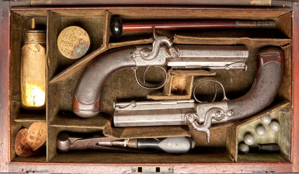 A CASED PAIR ENGLISH PERCUSSION BELT PISTOLS,: A CASED PAIR ENGLISH PERCUSSION BELT PISTOLS, by Henry Tatham, London, 1834-60. 3 in., .54 caliber octagon barrels engraved on the top 'TATHAM LONDON' and with swivel rammers below; foliate scroll eng
