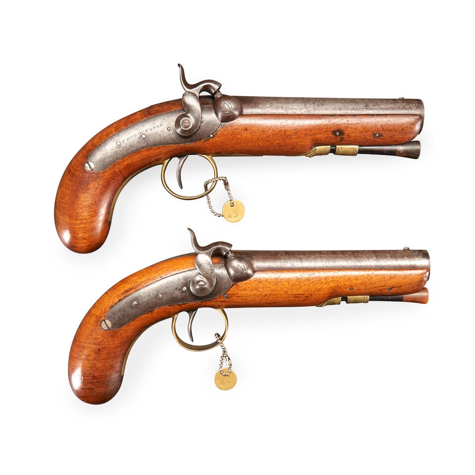 A PAIR OF IRISH PERCUSSION PISTOLS, (1 of 2)