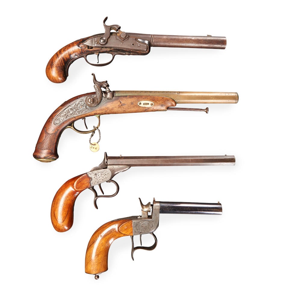 FOUR EUROPEAN PERCUSSION PISTOLS,: FOUR EUROPEAN PERCUSSION PISTOLS, 18th-19th century. A converted pocket pistol with unmarked barrel and silver wire-inlaid stock; a percussion pistol with a brass barrel and checkered grip; and two Fl