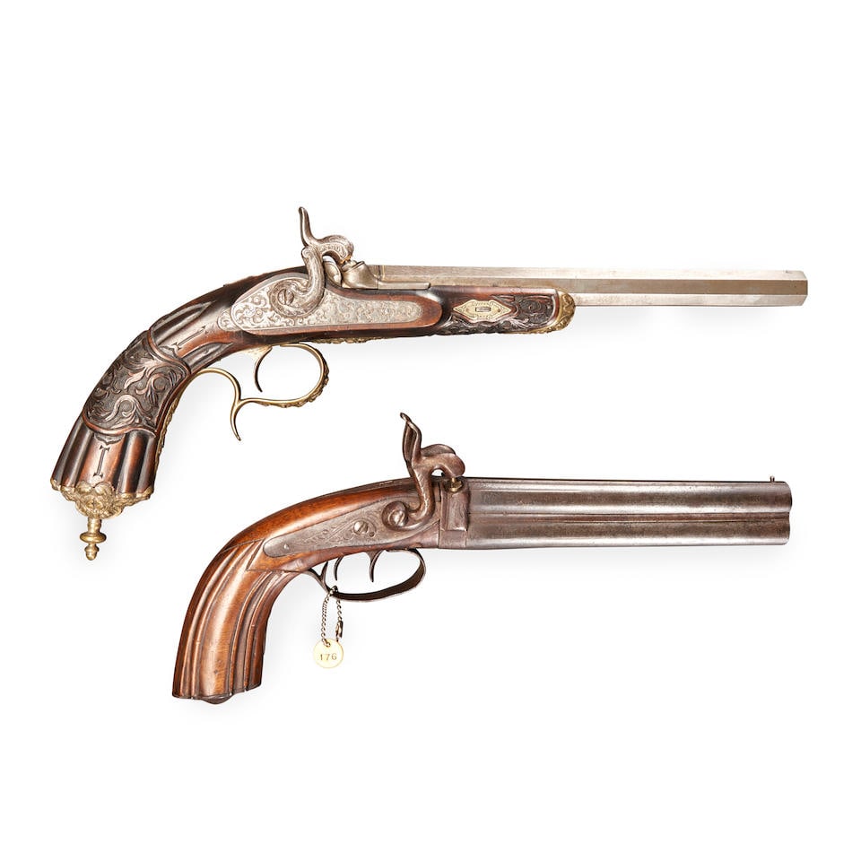 TWO EUROPEAN PERCUSSION PISTOLS,: TWO EUROPEAN PERCUSSION PISTOLS, mid-19th century. A French single-shot pistol with 9 1/2 in., .45 caliber rifled Damascus octagon barrel, the top with gold inlaid inscription 'Damas Turc Superfin'; f