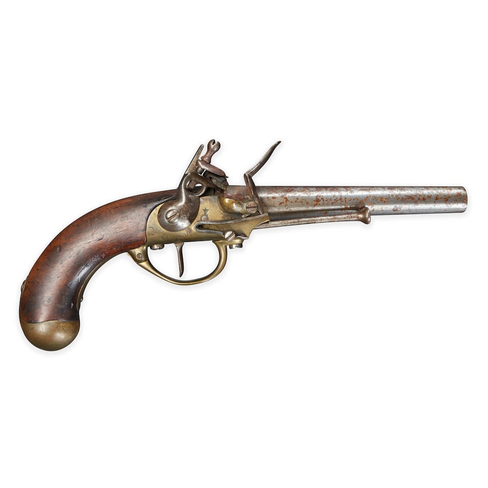 A FRENCH MODEL 1777 CAVALRY PISTOL,: A FRENCH MODEL 1777 CAVALRY PISTOL, St. Etienne, c. 1782-92. 7 1/2 in., .71 caliber round barrel, brass frame engraved 'St Etienne', brass butt cap, walnut stock with carved 'W' on the left side, stee