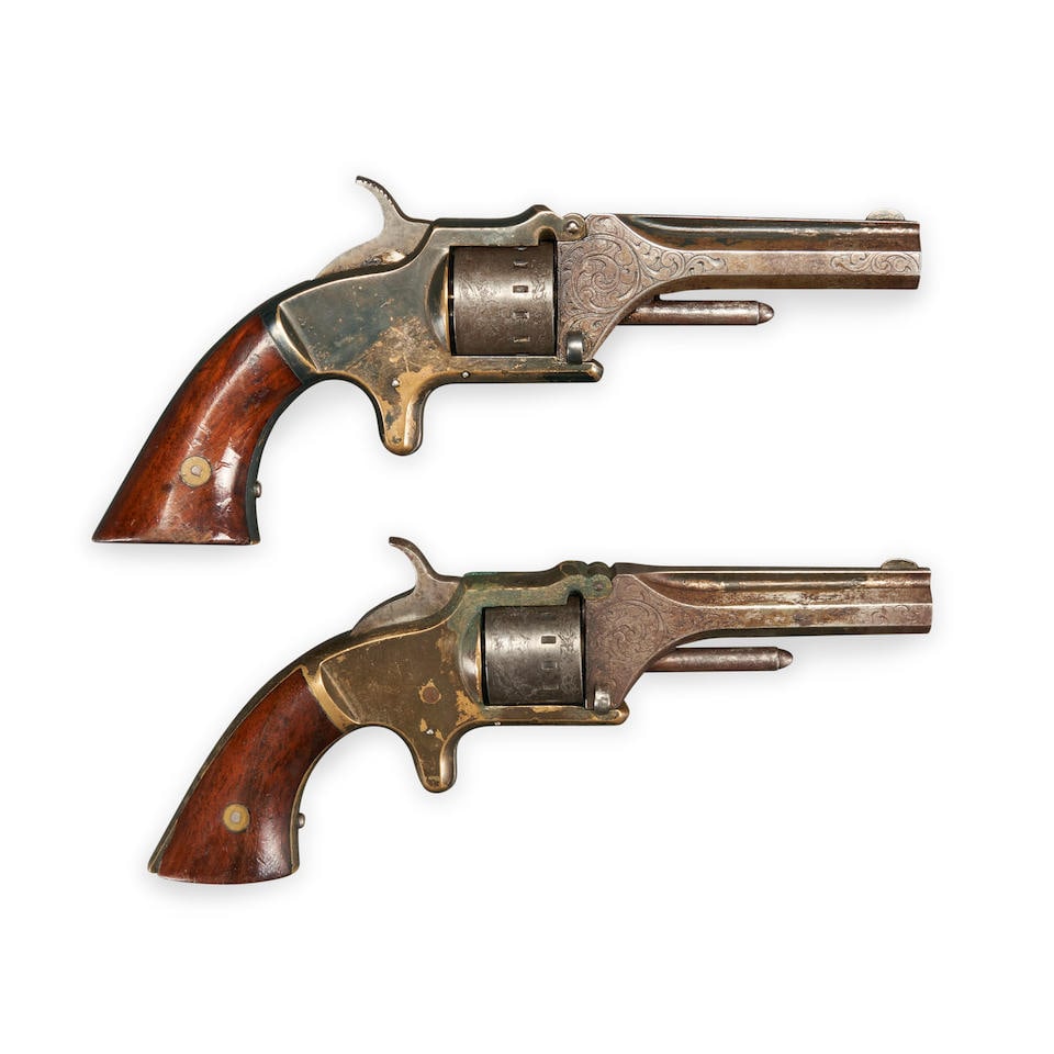 TWO ENGRAVED AND SILVER-PLATED MANHATTAN SECOND MODEL .22 CALIBER REVOLVERS, (1 of 2)