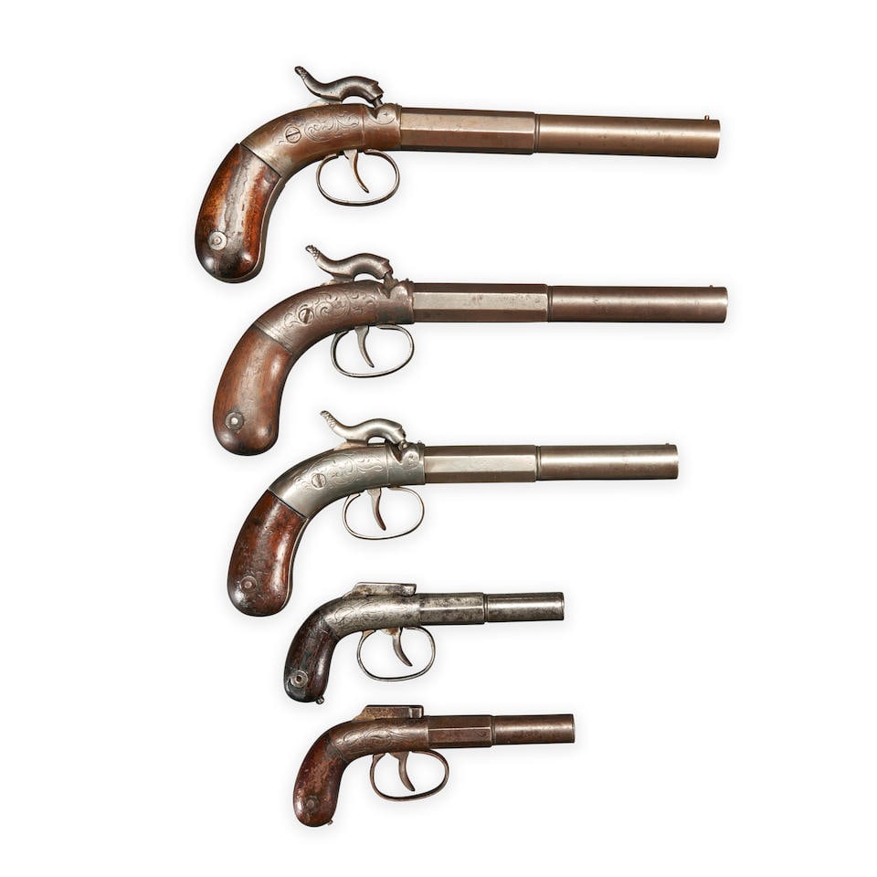FIVE MANHATTAN SINGLE SHOT PISTOLS, (1 of 2)