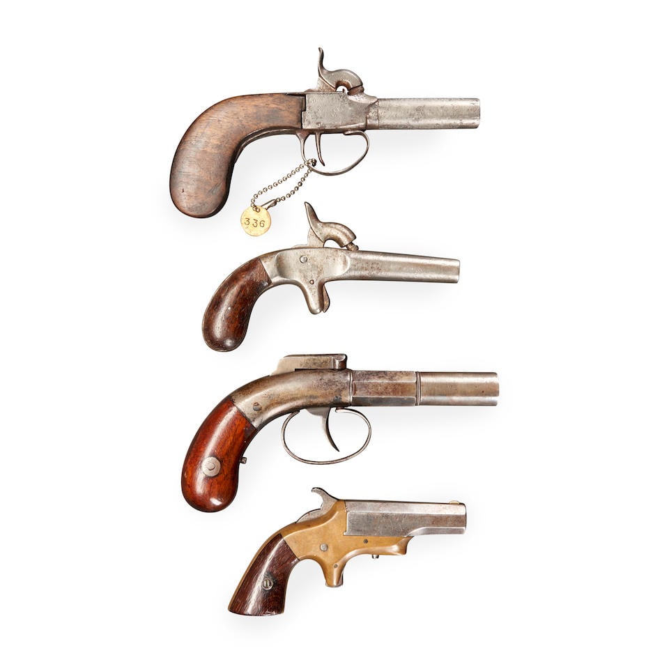 FOUR SINGLE SHOT PISTOLS,: FOUR SINGLE SHOT PISTOLS, mid-19th century. An Allen & Wheelock bar hammer single shot pistol serial number 295, .36 caliber. A Liege single shot percussion pistol.45 caliber. An unmarked single shot