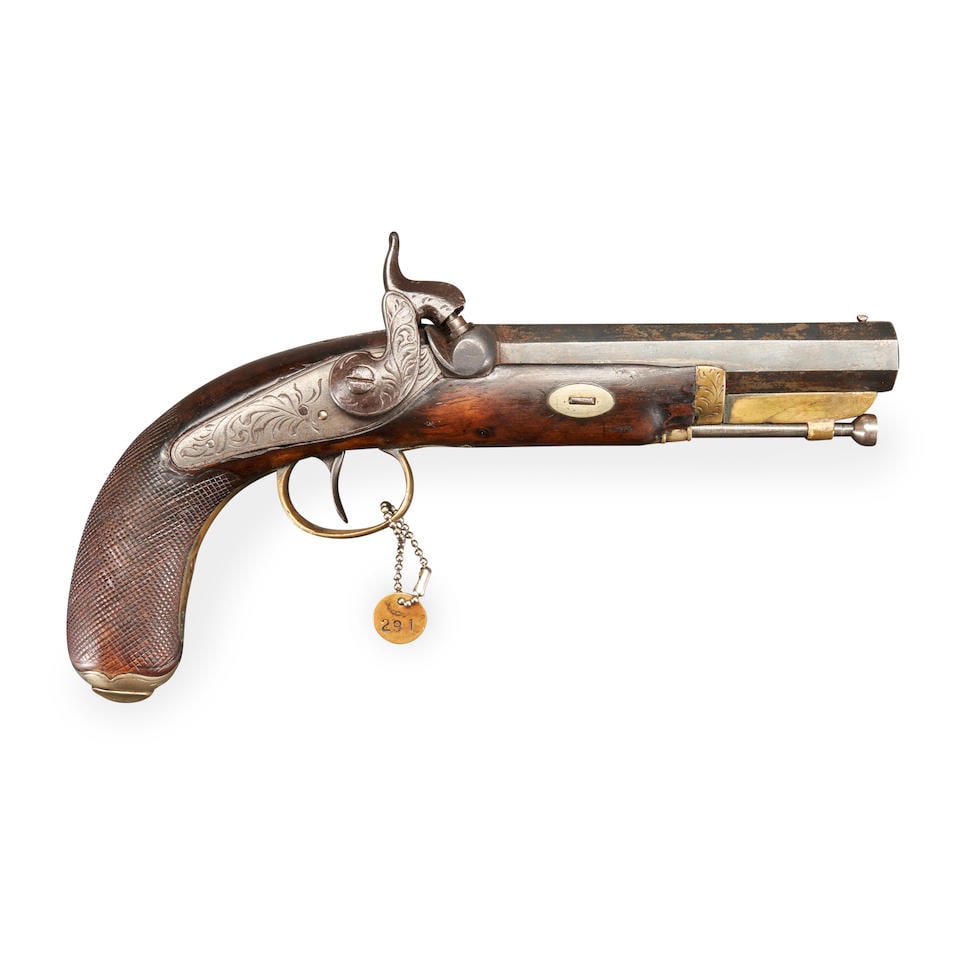 A PERCUSSION POCKET PISTOL,: A PERCUSSION POCKET PISTOL, mid-19th century. 4 1/2 in., .45 caliber rifled octagonal barrel, foliate engraved lock, walnut stock with checkered grip, brass trigger guard, German silver hinged compart