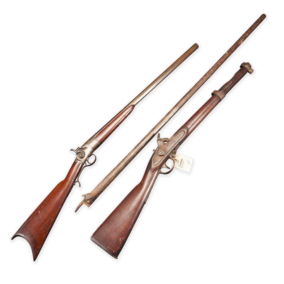 A 19TH CENTURY .22 CALIBER SINGLE-SHOT RIFLE AND A RELIC MUSKET,: A 19TH CENTURY .22 CALIBER SINGLE-SHOT RIFLE AND A RELIC MUSKET, The rifle with unmarked 24 in. octagon barrel and side hammer lock, walnut stock and iron furniture (breech does not currently open). O
