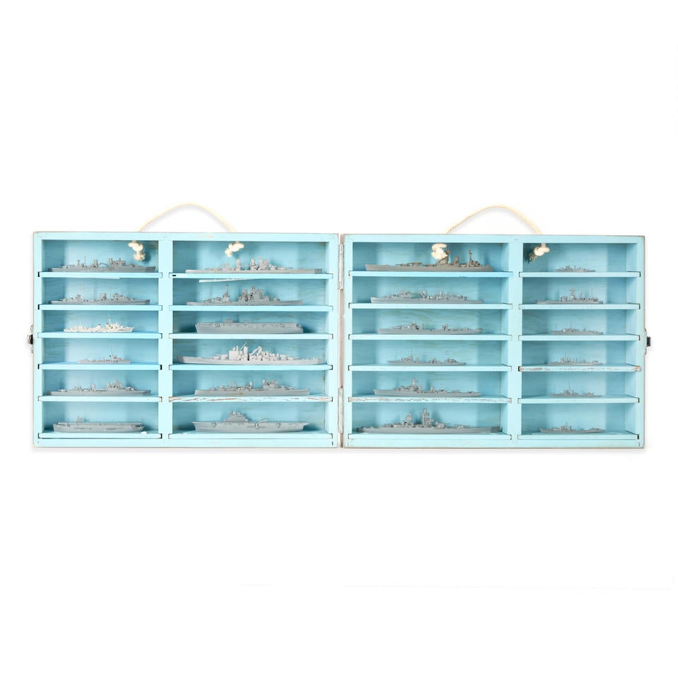 A CASED SET OF WORLD WAR II U.S. NAVY BRITISH AND FRENCH SHIP IDENTIFICATION MODELS.: A CASED SET OF WORLD WAR II U.S. NAVY BRITISH AND FRENCH SHIP IDENTIFICATION MODELS. The gray-painted case marked on the top 'U.S. NAVY MINIATURE BRITISH & FRENCH SHIP MARK I SUPPLEMENT I.' containing