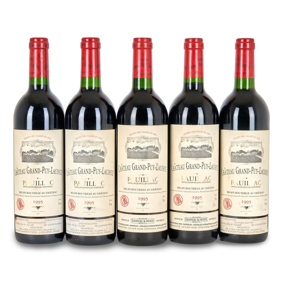 Chateau Grand Puy Lacoste 1995 (5 bottles): Chateau Grand Puy Lacoste 1995 Pauillac, 5eme Cru Classe u: bottom neck or better, lightly bin-soiled labels, 1 lightly marked label 5 bottles This lot is subject to the following lot symbols: •