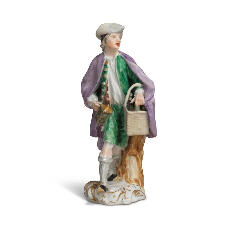 A Meissen figure of a bottle seller from the 'Cris de Paris' series, circa 1753: A Meissen figure of a bottle seller from the 'Cris de Paris' series, circa 1753 Modelled by J.J. Kaendler and P. Reinicke after the original drawings by Christophe Huet, wearing a grey tricorn hat, a