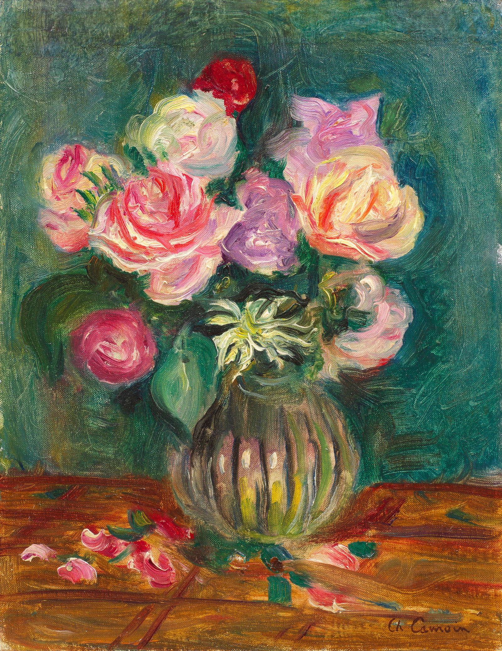 CHARLES CAMOIN (1879-1965) Roses dans un vase de verre (Painted in 1941): CHARLES CAMOIN (1879-1965) Roses dans un vase de verre signed 'Ch Camoin' (lower right) oil on canvas laid down on board 35.3 x 27.1cm (13 7/8 x 10 11/16in). Painted in 1941 Footnotes: