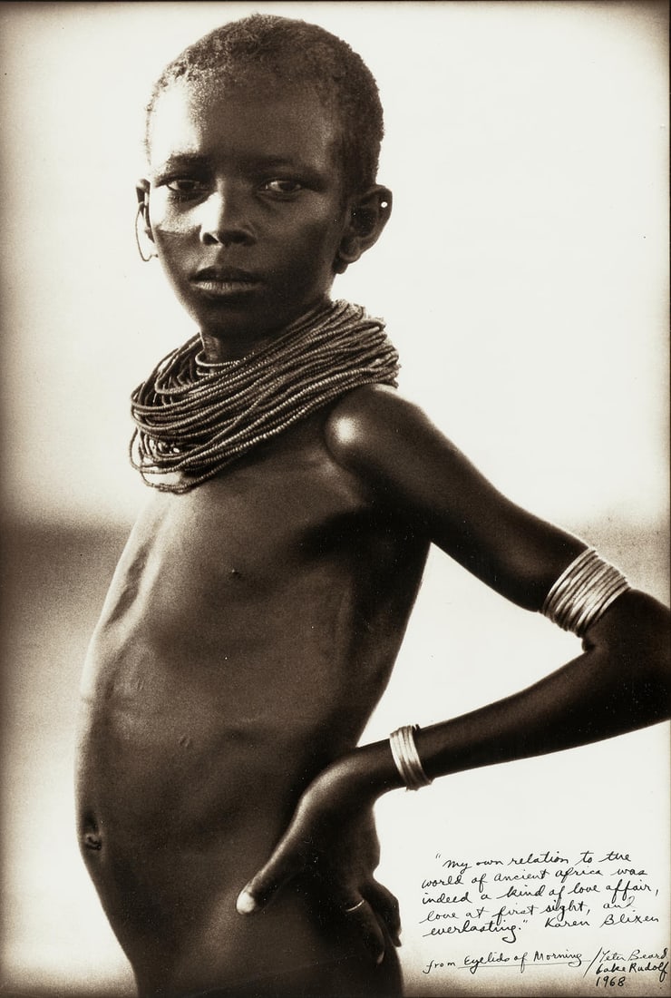 Peter Beard (1938-2020); Untitled ('Lake Rudolf');: Peter Beard (1938-2020) Untitled ('Lake Rudolf'), 1968 Gelatin silver print, printed later; signed, dated, and annotated with a quotation from Karen Blixen in ink on the image, framed. 18 5/8 x 12 5/8