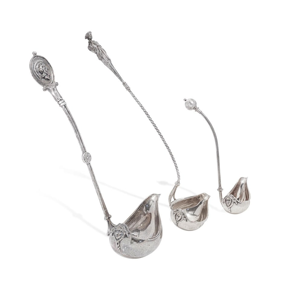 THREE GEORGE SHARP SILVER LADLES Philadelphia, Pennsylvania, late 19th century: THREE GEORGE SHARP SILVER LADLES Philadelphia, Pennsylvania, late 19th century Comprising a part gilt-washed large sauce ladle with a classical maiden on the handle and engraved monogram, apparently u