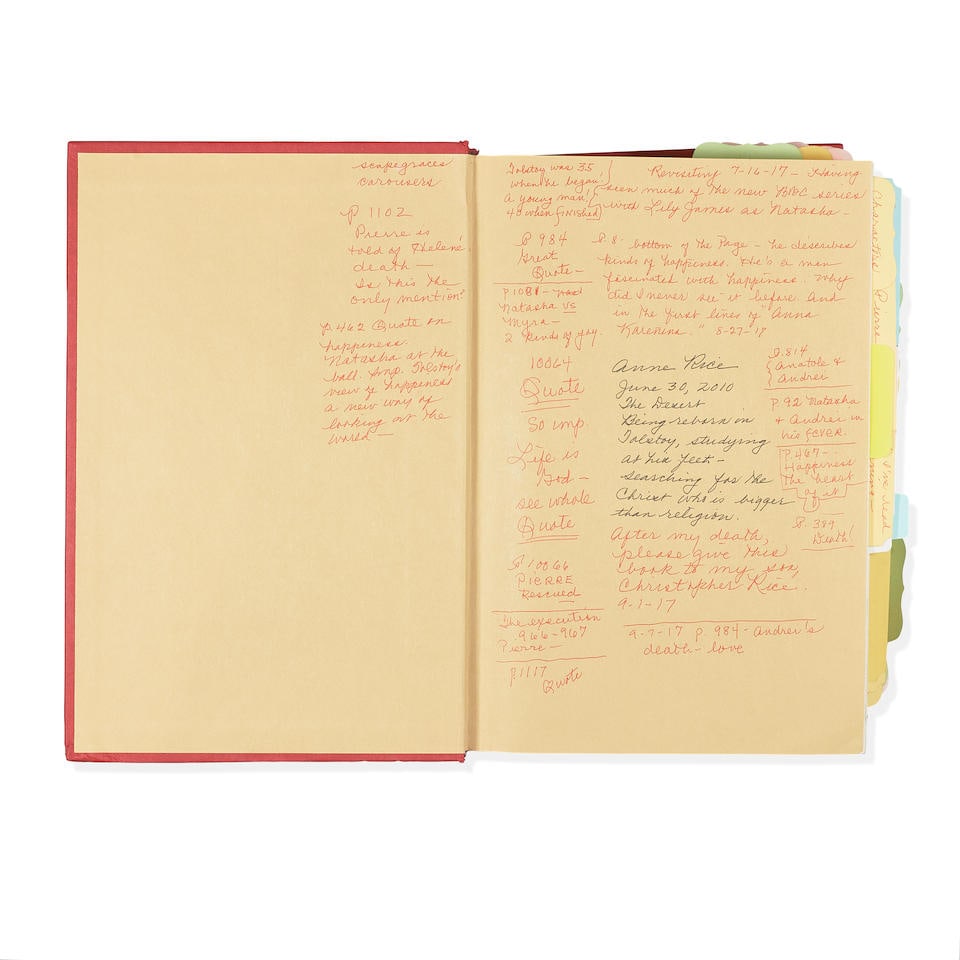 ANNE RICE'S ANNOTATED COPY OF WAR AND PEACE AND ANNA KARININA. TOLSTOY, LEO. 1828-1910. 1. War a... (1 of 2)