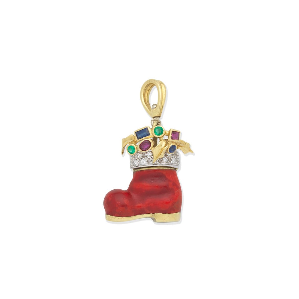GEM-SET SANTA'S BOOT PENDANT: GEM-SET SANTA'S BOOT PENDANT Circular-cut emeralds Step and circular-cut sapphires Oval and step-cut rubies Single-cut diamonds, approx. 0.15ct total Red enamel Length 3.0cm Weight approx. 6.0 grams F