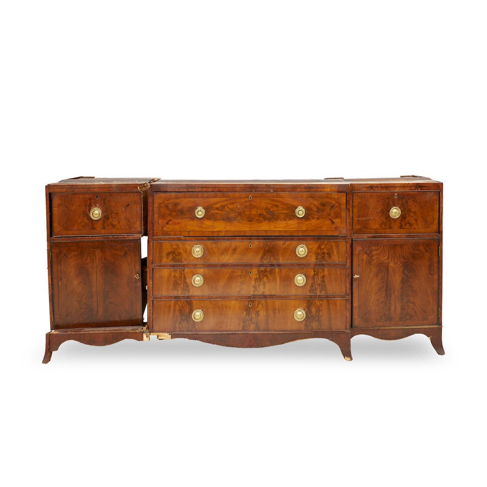 DISASSEMBLED ENGLISH MAHOGANY BREAKFRONT: DISASSEMBLED ENGLISH MAHOGANY BREAKFRONT 19th century, England, the deconstructed base under a top with glazed doors, brass hardware and marquetry inlay, 96' height, 97' width, 22 1/2' depth. Footnote