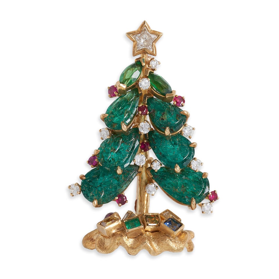 JULIUS COHEN: AN 18K GOLD, GEM-SET, DIAMOND, AND COLORED DIAMOND CHRISTMAS TREE BROOCH: JULIUS COHEN: AN 18K GOLD, GEM-SET, DIAMOND, AND COLORED DIAMOND CHRISTMAS TREE BROOCH Designed as a Christmas tree set with various colored stones including emeralds, rubies, and sapphires, and full,