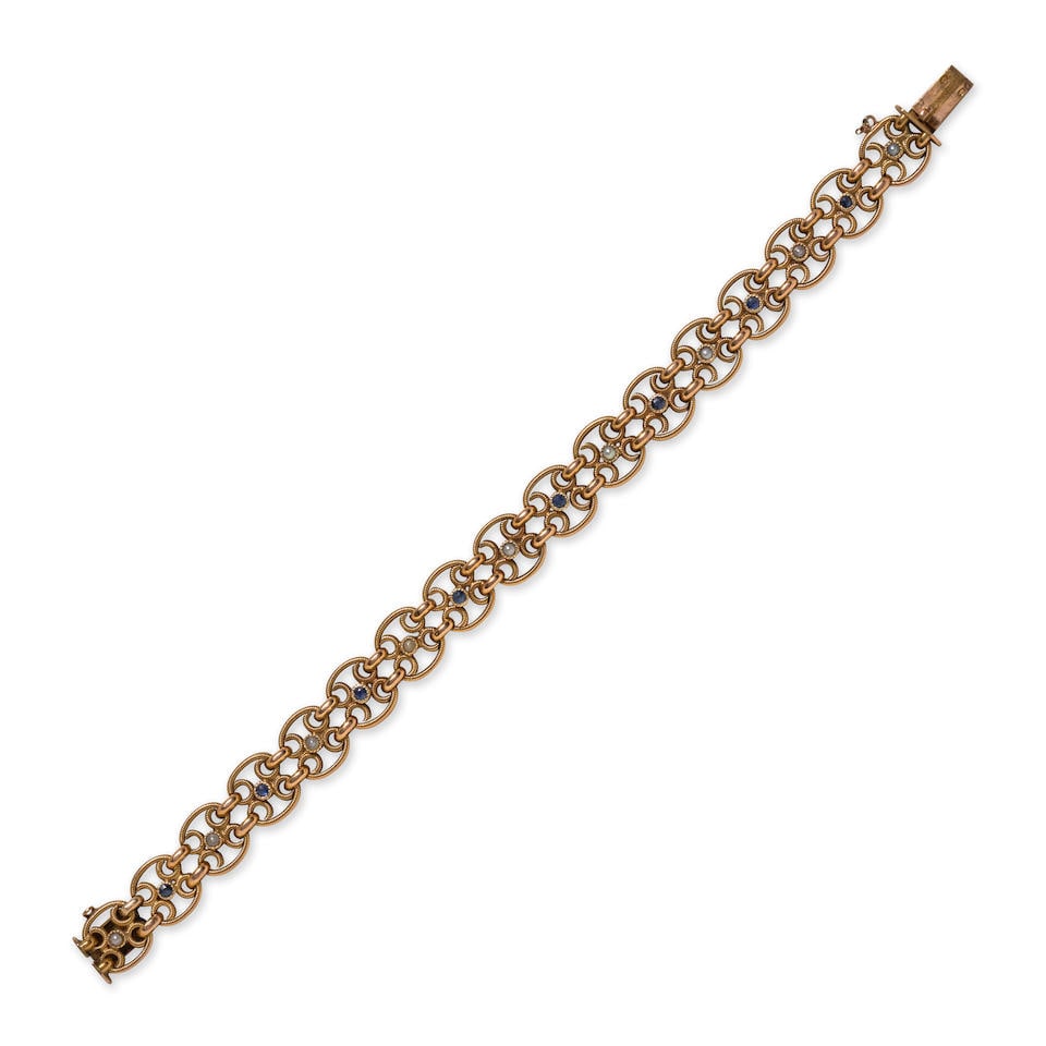 AN ANTIQUE 18K GOLD, SAPPHIRE, AND SPLIT PEARL BRACELET, FRANCE (1 of 3)
